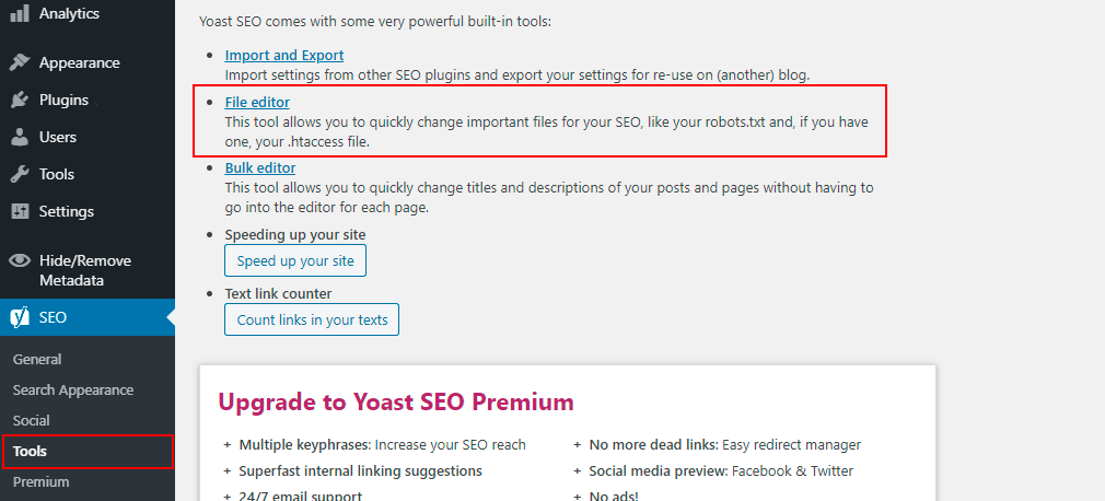 yoast seo tools file editor