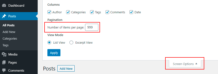 All Posts WordPress Screen Options