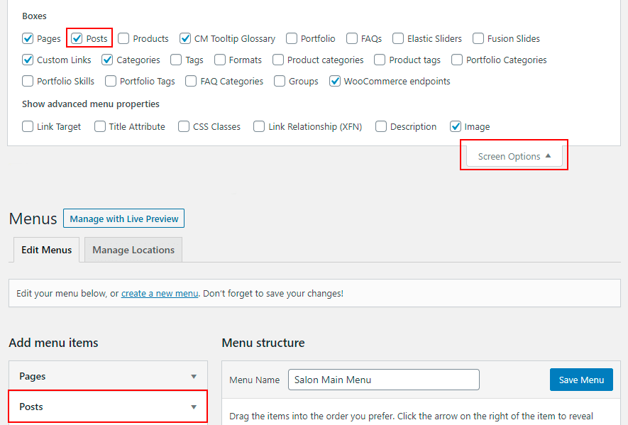 check posts screen options